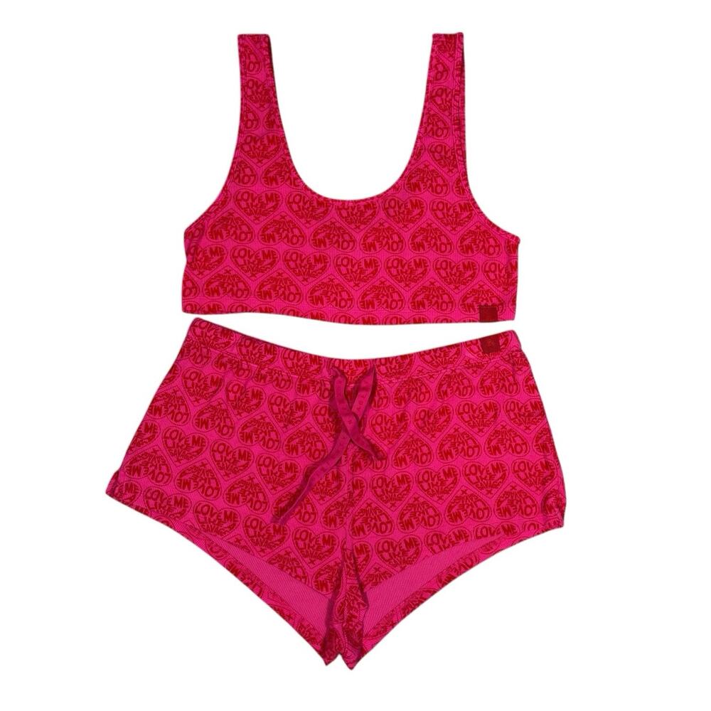 Savage X Fenty Pink Rib Sleep Set Crop Top Shorts Love Me Like A Savage Large